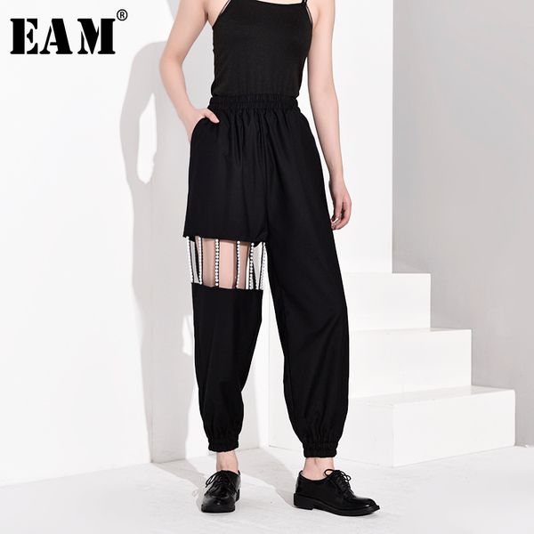 

eam] high elastic waist black pearled hollow out wide leg trousers new loose fit pants women fashion spring autumn 2020 jy7750, Black;white
