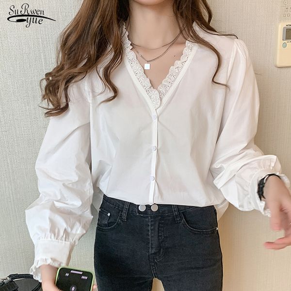 

2020 autumn white puff long sleeve chiffon shirt women casual plus size lace women blouse v neck cardigan ladies clothing 10621