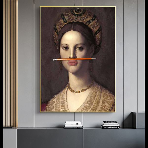 

Classical Vintage Woman Oil Painting on Canvas Posters and Prints Fun Lips Pen Wall Art Pictures for Living Room Nordic Decor