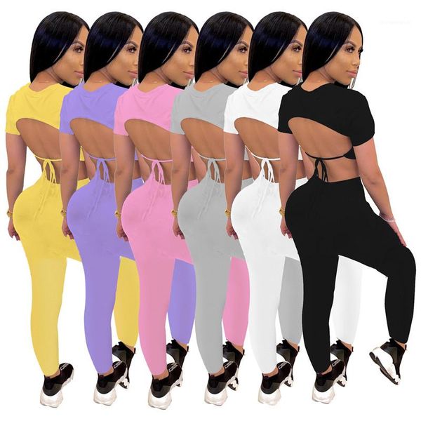

pencil pants yoga pants womens designer two piece pants backless solid color summer tracksuits short sleeve skinny, Gray