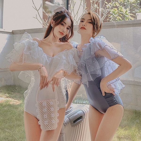 

2020 new korean east gate swimsuit women's triangle one-piece ins style fairy fan backless spring fashion swimsuit, Black;red