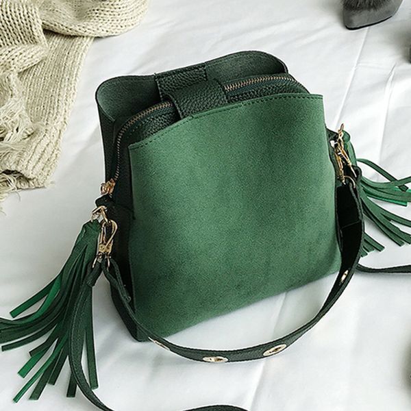 

fashion scrub women bucket bag vintage tassel messenger zipper bag shoulder bag simple crossbody tote