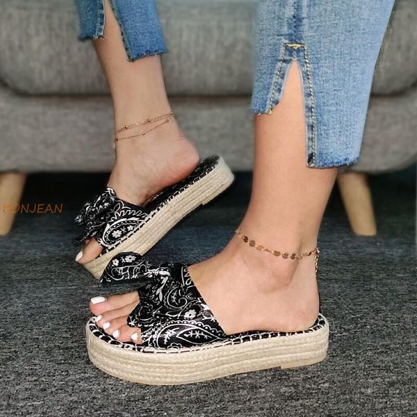

new rope woven thick-soled women sandals wear casual slippers female bowknot slides women's beach shoes size 35-43, Black