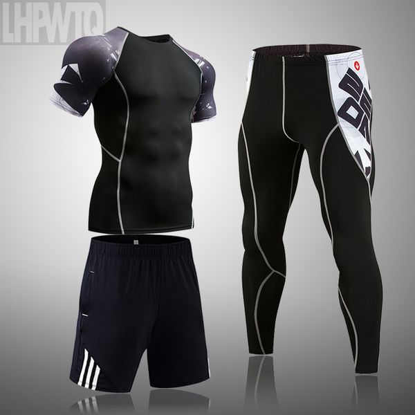 

3pcs/set men sports compression set short sleeve t-shirt men's tight pants fitness bodybuilding clothes rashguard sport suit, Black;blue