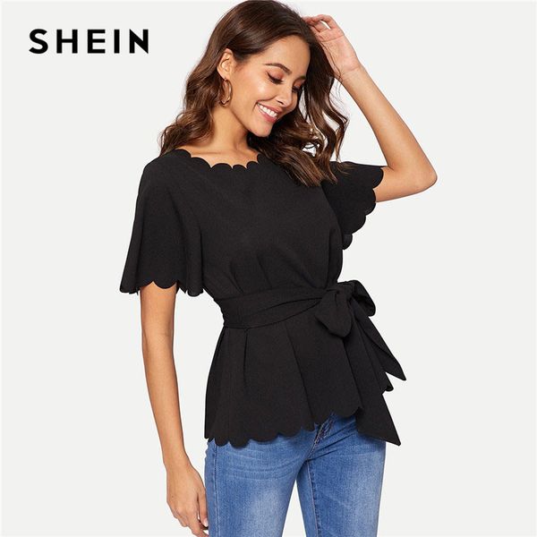 

shein black scallop trim belted solid blouse 2020 summer office lady elegant flounce sleeve workwear women blouses and, White