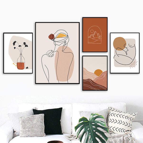 

boho wall art poster abstract landscape sun canvas print woman body bundle line art painting gallery wall pictures home decor