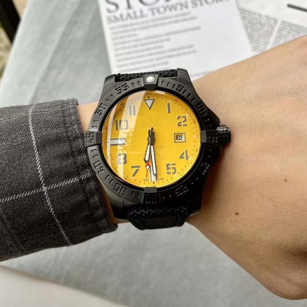 

44mm men's watch automatic mechanical movement leather rubber strap black yellow folding buckle fashion luxury watch, Slivery;brown