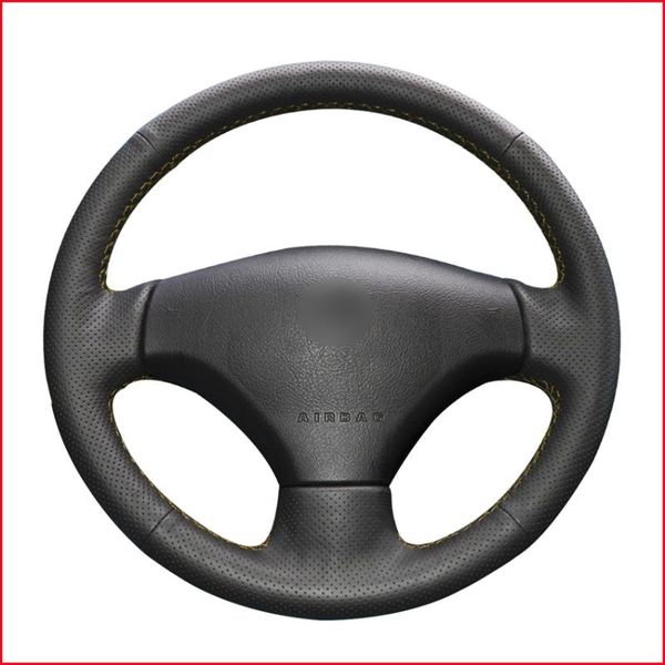 

mewant diy black genuine leather car steering wheel cover for 206 2007-2009 207 c2