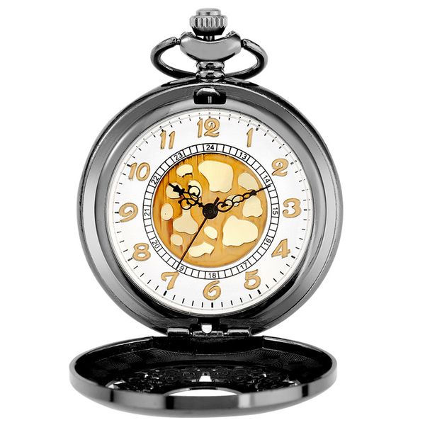 Silver / Black Hollow Flor Case Bolso Relógio Mulheres Homens Quartzo Relógios Analógicos Com Colar Cadeia Reloj de Bollillo