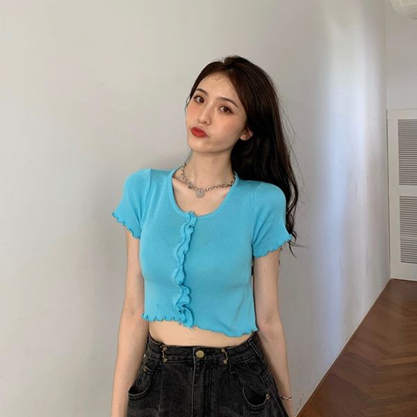 

qwqm6 korean-style jacket short jacket slim-fit wooden ear-side niche knitted cardigan summer thin high waist short women's navel-expos, White;black