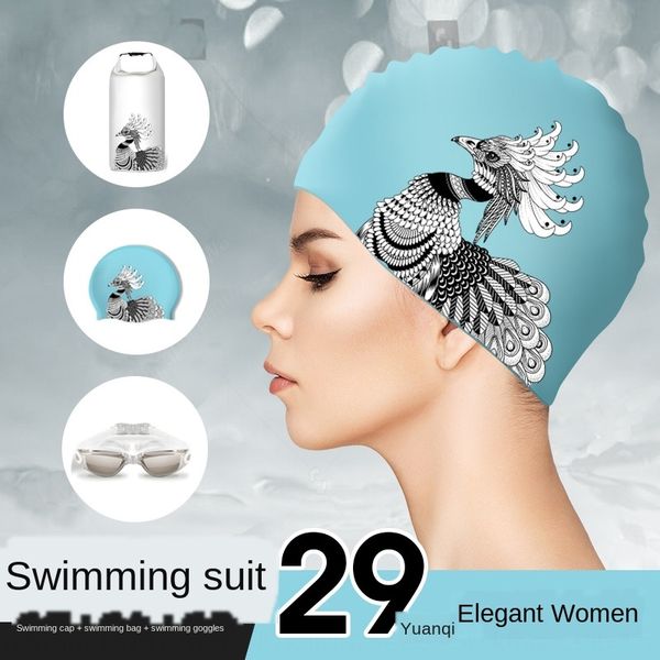 

q2pj2 women's waterproof equipment large silicone long hair ear protection anti-fog glasses suit silicone swimming cap goggles swimming