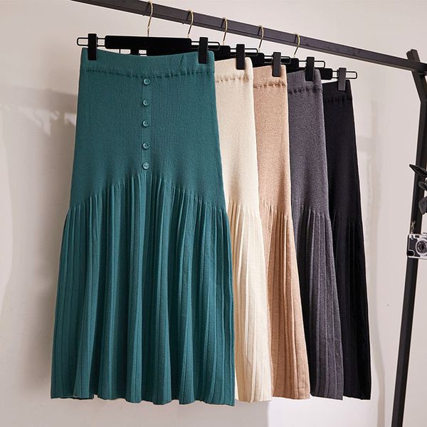 

winter autumn 2020 skirts womens knitting wool pleated long skirt buttons high waist elastic large hem saia midi skirts, Black