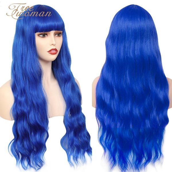 

oman sapphire blue wig with bangs synthetic long wavy wigs for women natural halloween cosplay party wigs incude cap, Black
