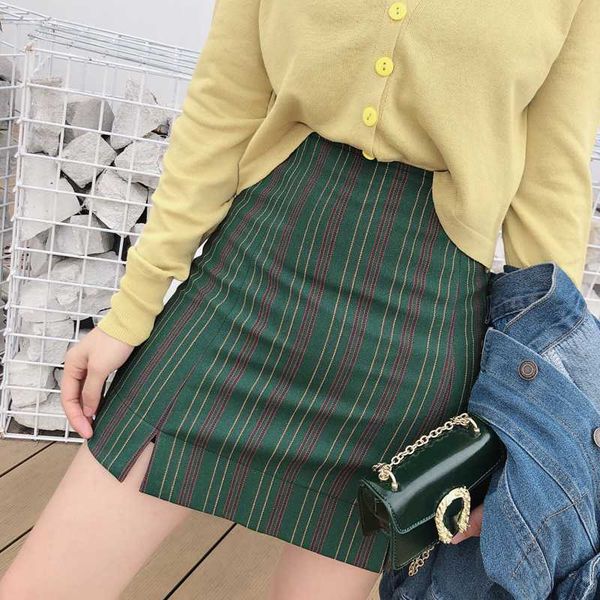 

skirts women harajuku green red vertical striped skirt spring high waist slit package hip slim casual shorts plus size, Black