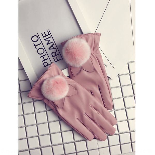 

leather women's warm glovesgloves and glovesseasonal rex rabbit fur ball gloves cute warm plus velvet thick touch screen waterproof