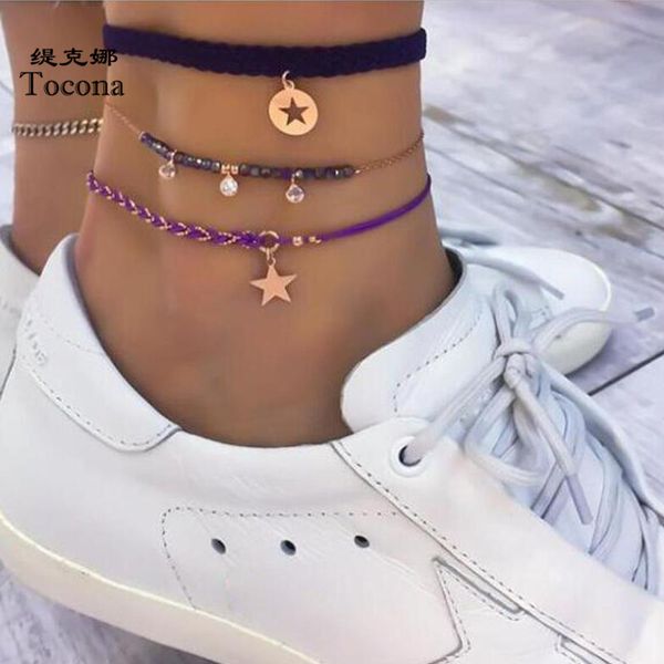 

3pcs/sets boemian rope foot chain exquisite star clear crystal stone anklets for women accessories jewelry 8605, Red;blue