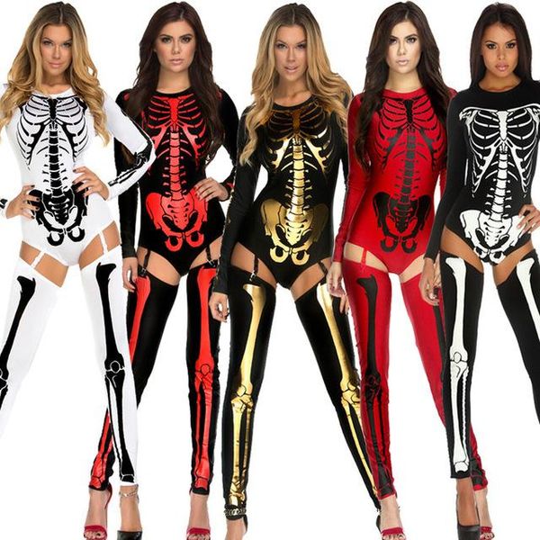 

new arrival halloween party costume scary devil ghost cosplay women skull skeleton prints leotard catsuit costume, Black;red