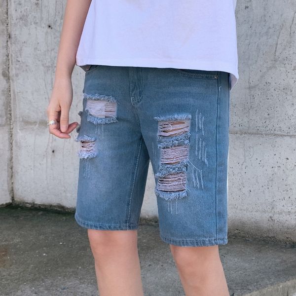 

fvjhi ripped beggar denim shorts men's loose straight cropped summer nine nine pants shorts ankle-length pants thin korean style trendy, Blue