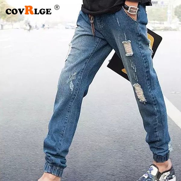 

covrlge men stretchy ripped skinny casual jeans destroyed hole taped slim fit denim scratched streetwear mkx059, Blue