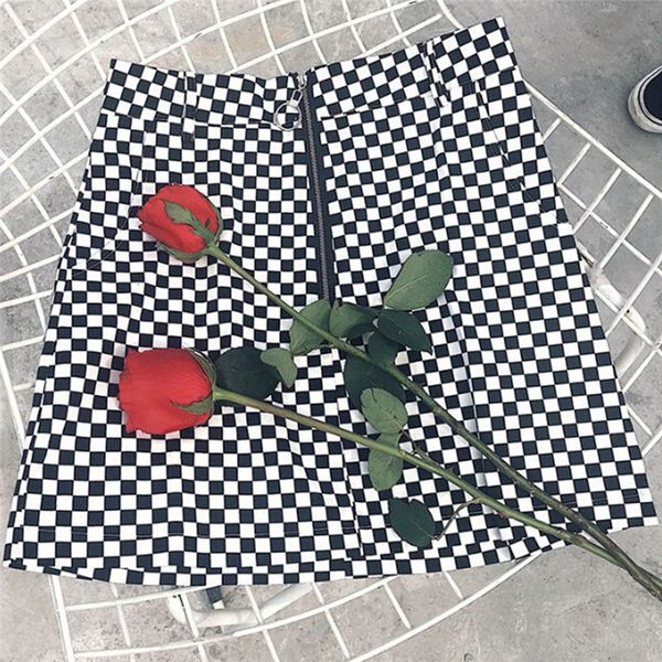 

casual summer women japanese style zipper polyester ring a line high waist mini skirt female black white checkerboard plaid skirt