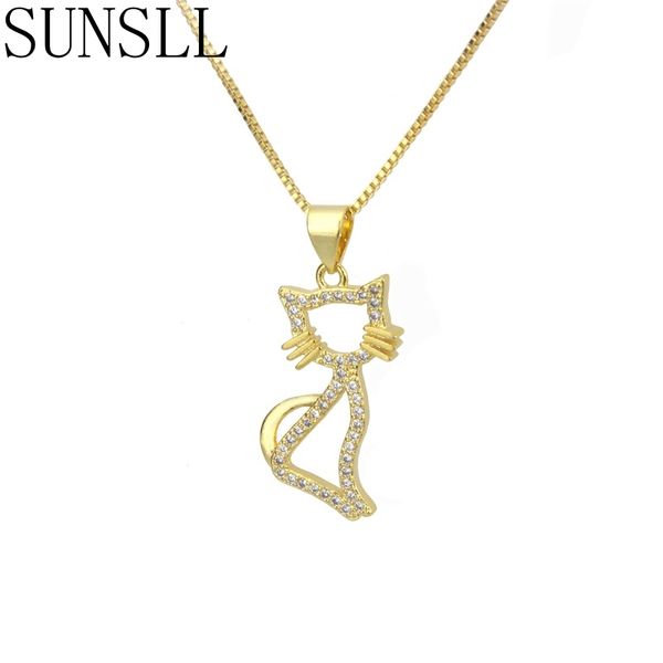 

sunsll gold/silver color copper white cubic zirconia tiny simple cute cat shape pendant necklace jewelry for women gift party