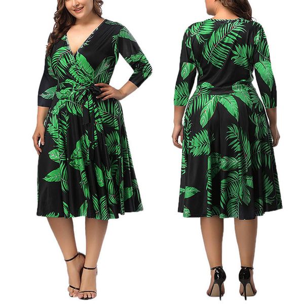 

dresses of large size 5 xl women's plus size dress v-neck print elegant sashes large dress vestido talla grande #g7, Black;gray