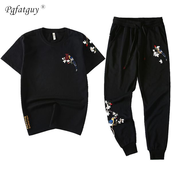 

2020 fashion embroidered rose t-shirt pants sets men summer 2pcs tracksuit plus size 2 colors tee + harlan sports pants casual, Gray