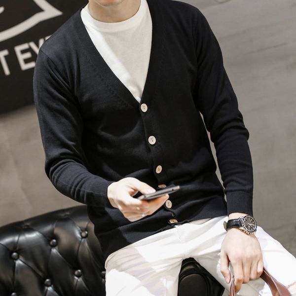 

2020 new autumn men's cardigan cashmere cotton long sleeve men v-neck solid button knitting casual style clothing l01, White;black