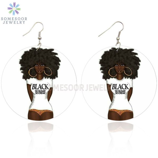 

somesoor printing afro curly girl african wooden earrings black no sugar no cream saying natural hair design jewelry for women, Silver