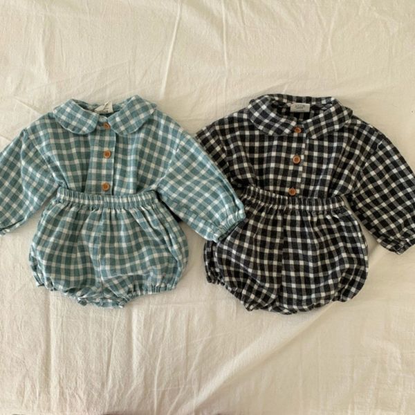 

korean fashion toddler infant clothing plaid shirt tighten waist bloomer 2pcs boys clothes set newborn baby girls clothes sets, White