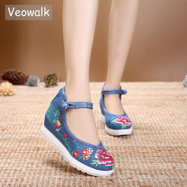 

veowalk китайский вышитые женщины холст плоские платформы урожай дамы повседневный мягкий хлопок вышивка толстым дном обувь кроссовки, Black