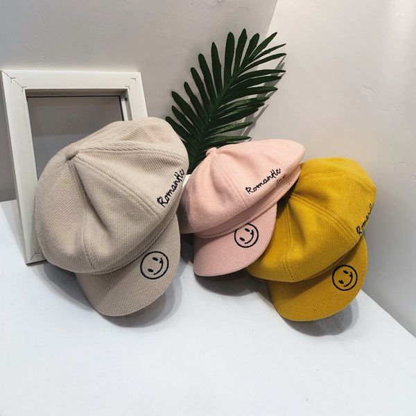 

mnddz new painter beret octagonal embroidery smiling face beret male and female children's cap baby children's warm painter's, Yellow
