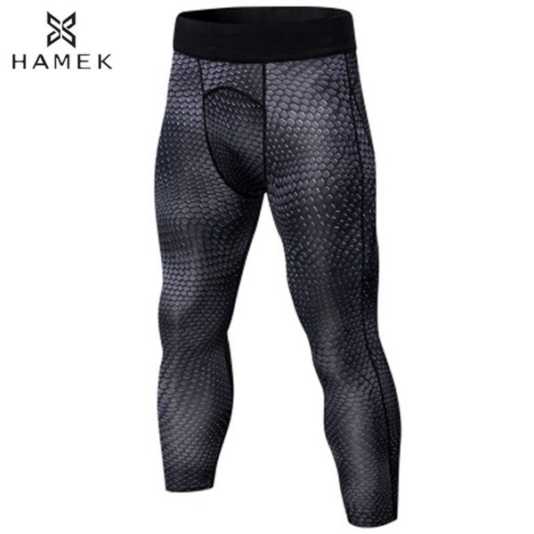 

men 3/4 tight athletic leggings compression running tights male sports skins fitness gym yoga basketball training printed pants, Black;blue