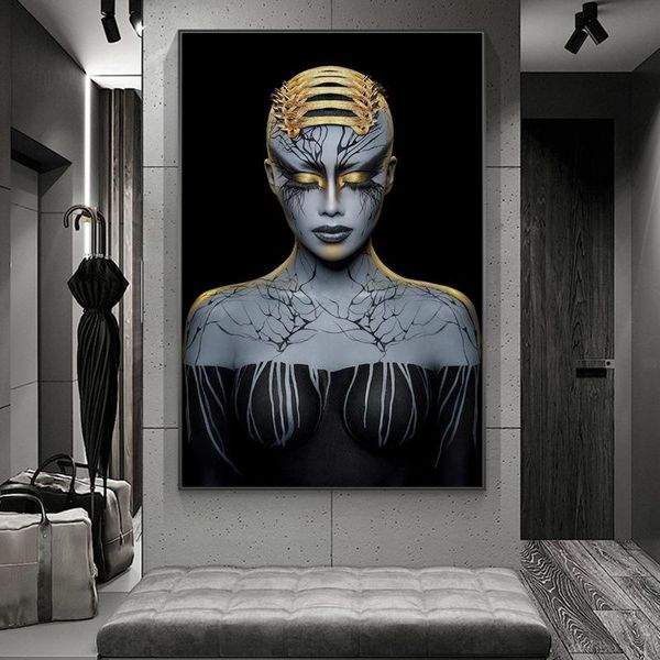 

абстрактный темно-женщина черное золото гир холст art картина плакаты стены искусства картина для гостиной home decor (no frame