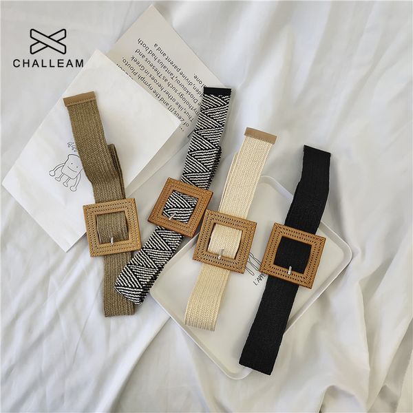 

women vintage wide elastic braided belt pp straw black waist belt female knitted wax rope square big pin buckle strap 394, Black;brown