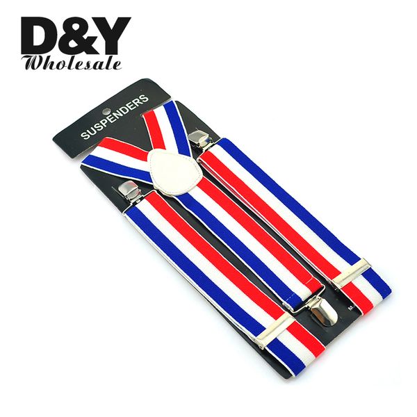 

new 3.5cm wide men's clip-on braces elastic suspender fashion "blue/white/red" 4 striped mix suspenders - ing, Black;white
