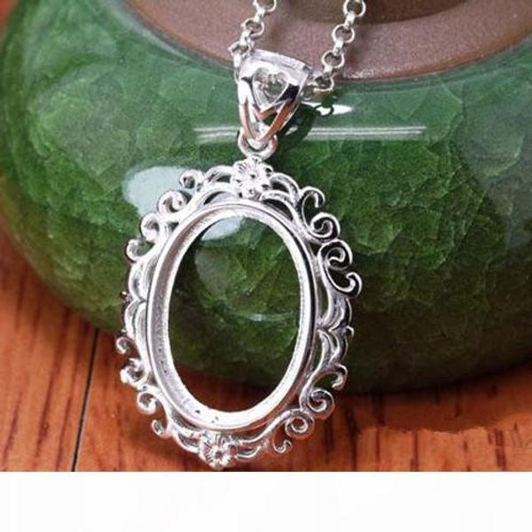 

925 setting sterling silver women pendant art nouveau 13x18mm oval cabochon semi mount pendant plated white gold generous jewelry, Slivery;crystal