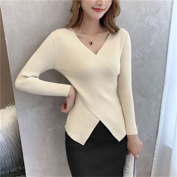 

2020 early sweater autumn new knitted bottoming shirt women's v-neck low collar cross thin slim sweater inner match, White