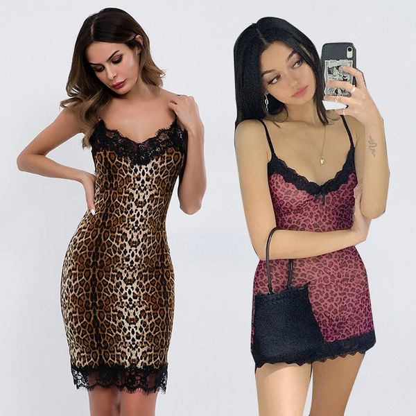 

women leopard printed lace night dress lingerie v neck night gown summer sleepwear spaghetti strap nighty sleep wear, Black;red