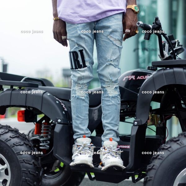 

wholesale 2020 new mens distressed ripped biker jeans slim fit motorcycle biker denim for men fashion hip hop mens jeans ~~f10#, Blue
