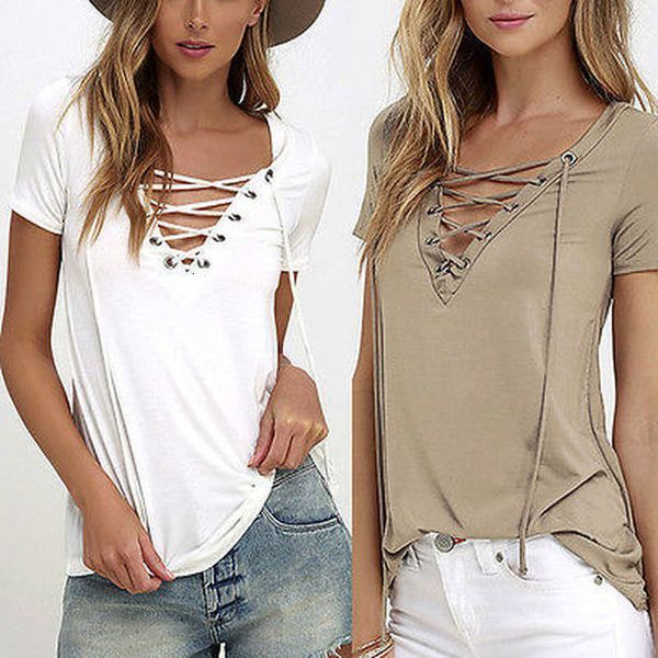 

6 colors trendy t shirt v neck criss cross women t shirt summer style short sleeve hollow out femme solid, White