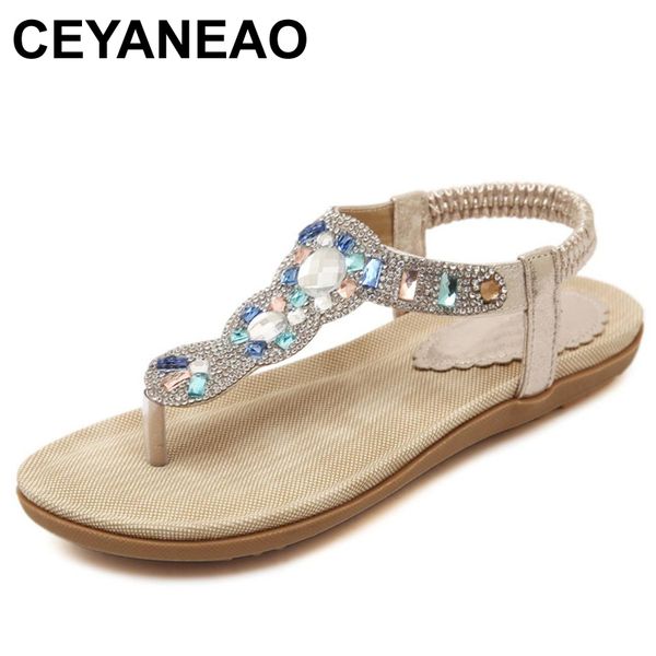 

ceyaneaowoman t-strap flats wedges flip flops sandals shoe fashion casual elastic band flowers rhinestonesequinesleather sapato, Black