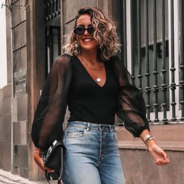 

women deep v neck black blouse patchwork transparent sleeve stretchy shirt female chic stylish blusas, White