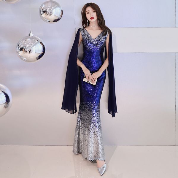 

женщины sexy русалка вечерних платьев партии платье атласной bling sequined luxury банкет платье v-образный вырез шаль палантины формального, Red