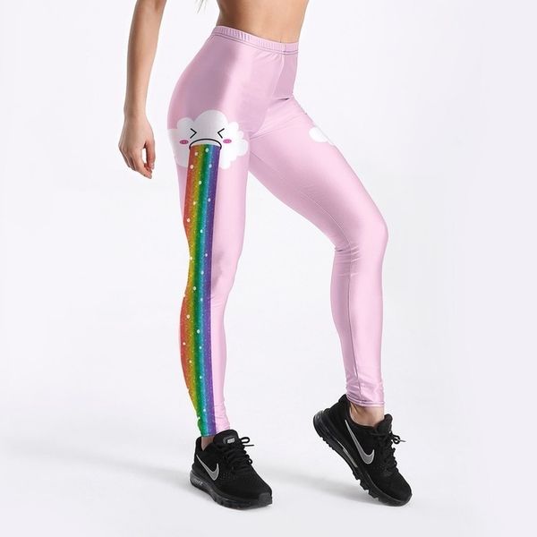 

rainbow clouds printed sweet style women mid fitness pink leggings fashion summer soft elastic workout long pants, Black