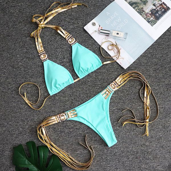 

rhinestone crystal tassel bikini 2020 women golden bandeau swimsuit female halter swimwear two pieces polyester bikini set bathing suit, White;black