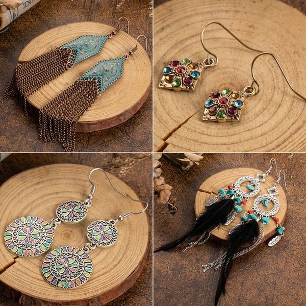 

bohemia vintage water droplets tassel's earrings charm black feather crystal circle moon dangle earrings for women accessories, Silver