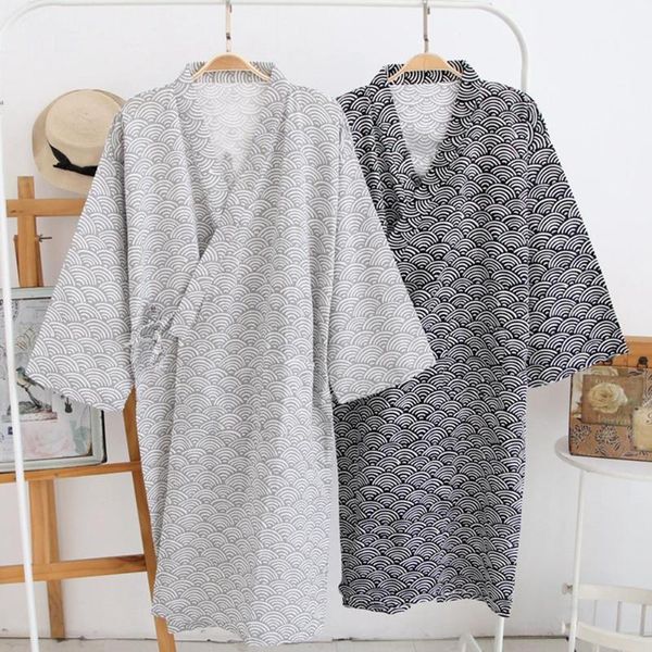 

men fashion printing kimono robe sleepwear nightgown loose mid length bathrobe nightgown for men casual home wear, Black;brown