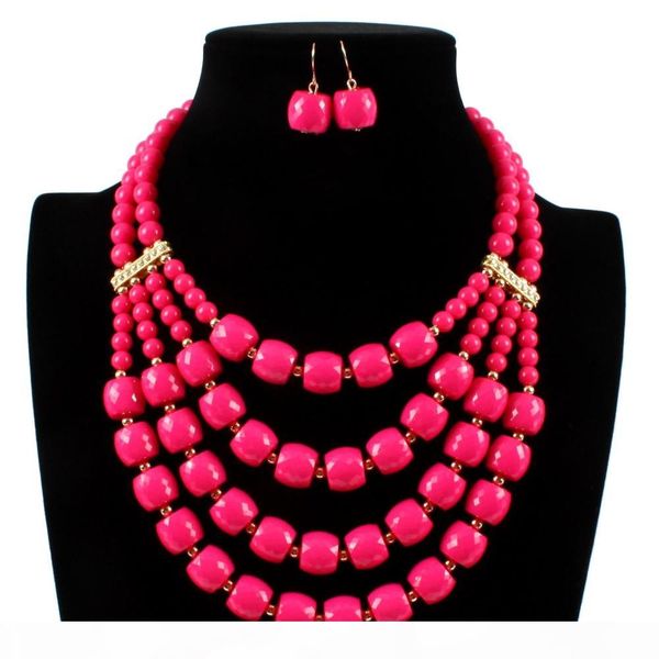 

wholesale african bridal jewelry sets women multi-layer big beads statement necklace earrings bracelet set jewelry sieraden sets, Black
