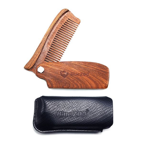 

blue zoo natural black golden sandalwood teeth beard comb bearded man grooming fashion leather bag handle hair care folding comb, Silver